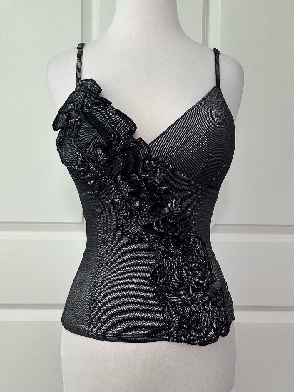 Poetry Ruffle Metallic Padded Dress Cami Tank Top Silver Gray Size Small